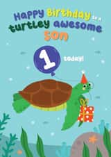 Cute Turtle Birthday Card - For Son - Turtley Awesome Son - 1 Today! created by Pixie Studio