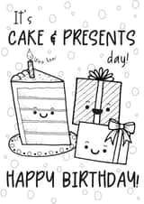 It's cake and presents day! Cute colour in birthday card created by Lucie Cooke Studio