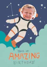 Personalised Birthday Photo Card created by Hollie McManus Illustration - Cute Birthday Photo Card - Amazing Astronaut - 1st