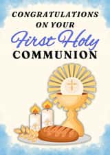 1st Communion Boy: Blue, Cross, Candles, Bread of Life, Chalice Cup created by Dara, Ceramic Scripture