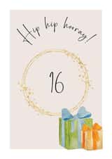 Classic 16th Birthday Card - Hip Hip Hooray - Watercolour Presents created by Heather Trefusis Art