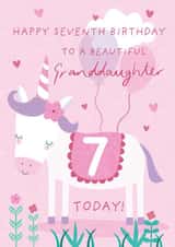 Cute 7th Birthday Card - For Granddaughter - Cartoon Unicorn created by Juniper and Rose Studio