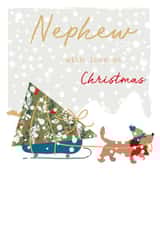 Classic Christmas Card - For Nephew - Cute Dog with Christmas Tree on a Sleigh created by SABIVO Design by Sabina