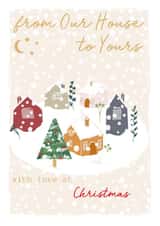 Classic Christmas Card - From Our House to Yours - Winter Village in the Snow with Trees created by SABIVO Design by Sabina