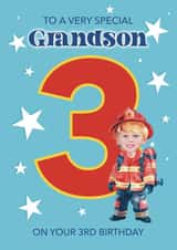 Personalised Birthday Photo Card created by Choo Choo  - Cute Birthday Photo Card - For Grandson - 3 Today - Fireman