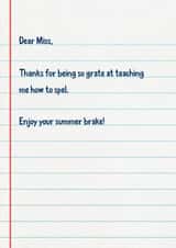 Funny Thank You Card - For Teacher - Spel Grate Miss created by The Buddy Fernandez Card Co.