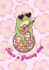 Cute, groovy girls' card. Frog on a disco ball. Retro, Flower Power created by Mila&meDesignS