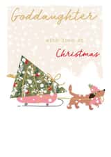 Classic Christmas Card - For Goddaughter - Cute Sausage Dog with Tree on Sleigh created by SABIVO Design by Sabina