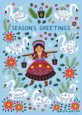 Pretty Christmas Card - Twelve Days Of Christmas - Swans Swimming & Maids Milking created by Pear Tree Press