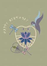 Happy Birthday card, with Hummingbird, Lily Pad, Dragonfly, and Waterlily! created by May Annella