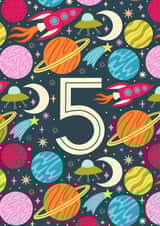 Fun 5th Birthday Card - Outer Space - Planets, Stars and Spaceships created by Alice Griffiths Illustration