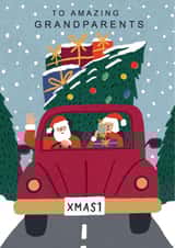 Retro Christmas Card - For Grandparents - Driving Santa & Mrs Claus created by Laura Darrington Design Ltd.