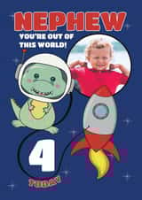 Personalised Birthday Photo Card created by @Cupsie's Creations - Cute 4th Birthday Photo Card - For Nephew - Space Dinosaur