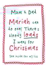 Funny Christmas Card - For Parents - Christmas List - Mariah Carey created by Bow & Bell