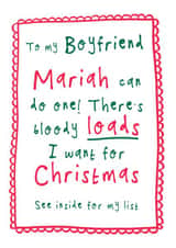 Funny Christmas Card - For Boyfriend - Christmas List - Mariah Carey created by Bow & Bell