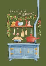 Cute Christmas Card - Warm Winter Food On Vintage Stove - Savour the Season created by Julep and Trubbs