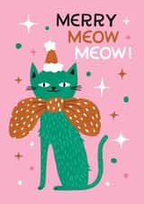 Cute Christmas Card – Cat with Big Bow and Santa Hat – Merry Meow Meow! created by Kay Wolfersperger