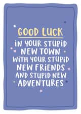 Funny New Home Card - Stupid New Town, Friends and Adventures - Good Luck created by Kreate Paper Co.