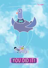 Funny congratulations card, pigeon skydiving with a pigeon parachute created by Pigeon Pals