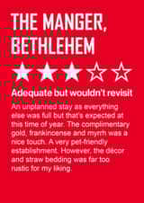 Funny Christmas Card - Mary's three star review of the manger! created by Versed Aid