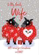 cute Christmas card for your Wife - funny sheep wearing Christmas pyjamas design created by REBECCA MCCULLOCH