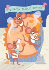 Adorable Thanksgiving card - Mice enjoying pumpkin pie with 'Happy Thanksgiving created by Gina Shord