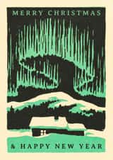 Vintage Scandi screen print Christmas card with snowy cabin and Northern Lights created by Matt Windsor