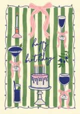 Cute Birthday Card featuring wine, cake and cocktail illustrations. created by Hello August Studio