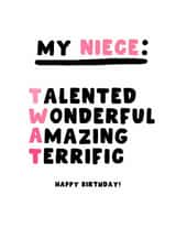 Cheeky Birthday Card - For Niece - Twat created by Pink Peach Cards