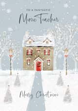 Classic Christmas Card - Music Teacher - Illustrated House in Snow created by Rebecca Prinn