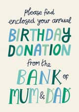 Funny Birthday Card - The Bank of Mum and Dad created by Christine Cuddihy Illustration