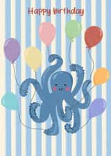 Cute happy birthday octopus, Child friendly, animal themed, party created by Mim’s cards