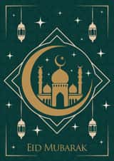 Classic Eid Mubarak Card – Gold & Emerald – Islamic Crescent & Mosque created by Dottie Mottie