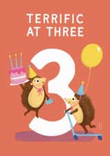 Cute 3rd Birthday Card - Terrific At Three - Hedgehogs created by Painted Parasol Studio