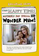 Personalised Mothers Day Photo Card created by Poet and Painter - Funny Mother's Day Card - Newspaper - Wonder Mum