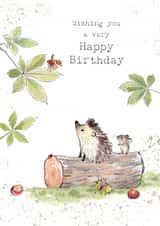 Cute Birthday Card - Hedgehog on log with Mouse created by Paper Shed Design