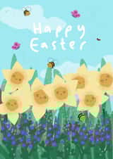 Happy Easter Card, Yellow Spring Daffodil Flowers, Buzzy Bees & Butterflies created by Jo Clark