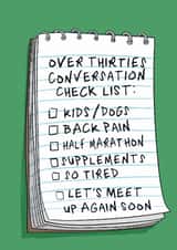 Funny Birthday Card - Over Thirties - Conversation Check List created by Running with Scissors