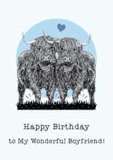 Cute Birthday Card - Wonderful Boyfriend - Highland Cows created by Beth Higgins Art