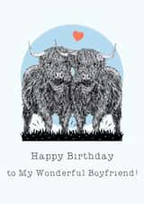 Cute Birthday Card - Wonderful Boyfriend - Highland Cows created by Beth Higgins Art