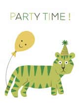 Funny Cute Green Tiger Birthday Card for Friend “Party Time!” with Balloon & Hat created by @SarahPriceDesigns