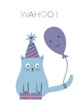 Funny Cute Blue Cat Birthday Card for Friend “Wahoo!” Kitten Card created by @SarahPriceDesigns