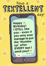 Birthday texting humour card. created by Emma Proctor