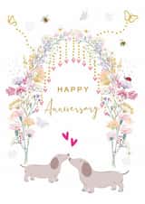 Cute Anniversary Dog Card - Dachshunds under Floral Arch with Lovehearts and Bee created by SABIVO Design by Sabina