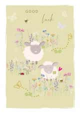 Cute Good Luck Card - Sheep with Clover Leaves - Flowers Bees and Butterflies created by SABIVO Design by Sabina