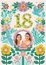 Personalised Birthday Photo Card created by Hollie McManus Illustration - Pretty Birthday Card - 18th - Folky Floral Birds