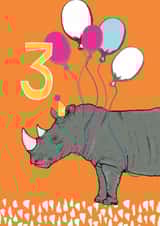 Cute 3rd Birthday Card - Rhino - Balloons created by martha and hepsie ltd