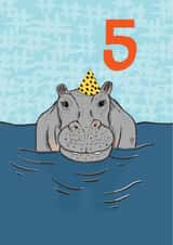 Cute 5th Birthday Card - Hippo - Party Hat created by martha and hepsie ltd