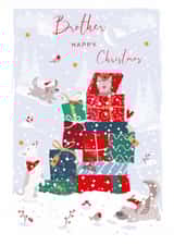 Cute Christmas Card - For Brother - Stack of Presents with Playful Dogs and Robin created by SABIVO Design by Sabina