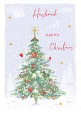 Classic Christmas Tree Card - For Husband - Red Berries Winter Flowers and Robin created by SABIVO Design by Sabina